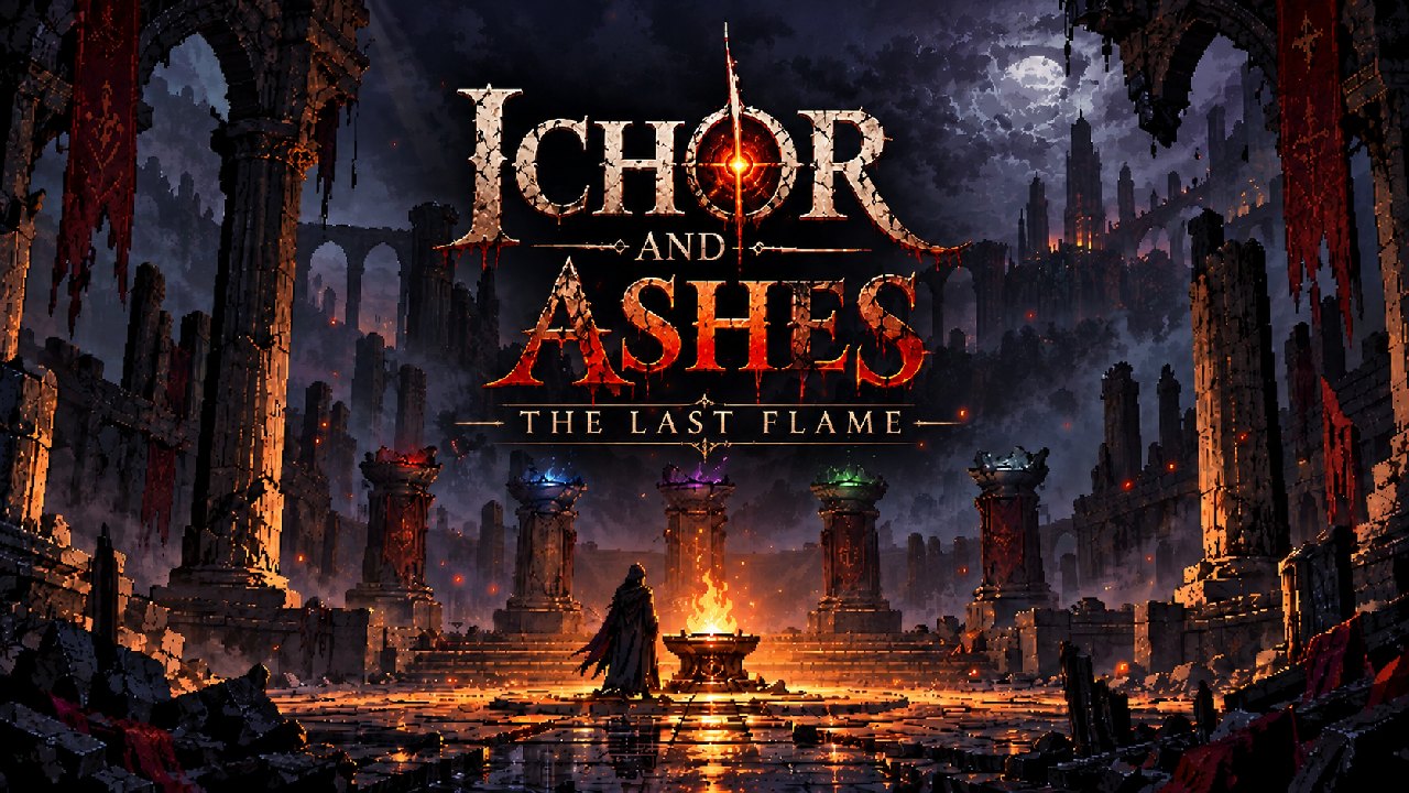 Ichor and Ashes — The Last Flame. A hooded figure stands before a burning brazier among five elemental pillars in a ruined gothic hall.